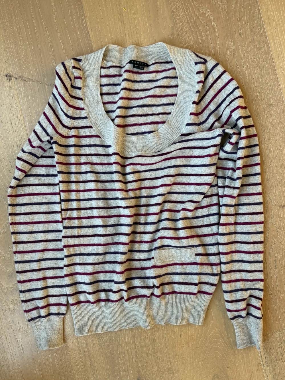 Theory Striped Scoop Neck Sweater in Gray and Burgundy